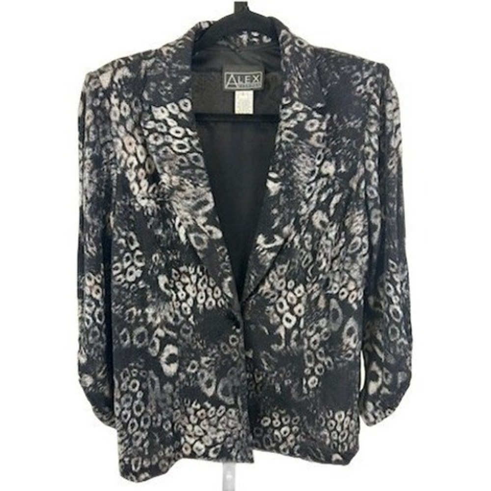 Alex‎ Evenings Jacket Blazer Womens Large Black Silver Animal Print Party
